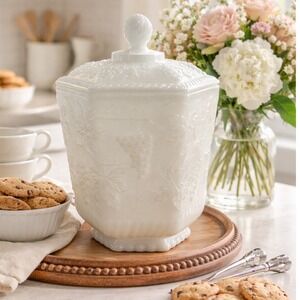 Vintage Anchor Hocking Fire-King Milk Glass Cookie Biscuit Jar Grapevine Pattern